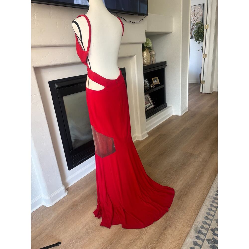 Terani Couture Red V-Neck Cutout Mermaid Gown Elegant Evening Dress 6 MSRP $799 - Picture 3 of 8